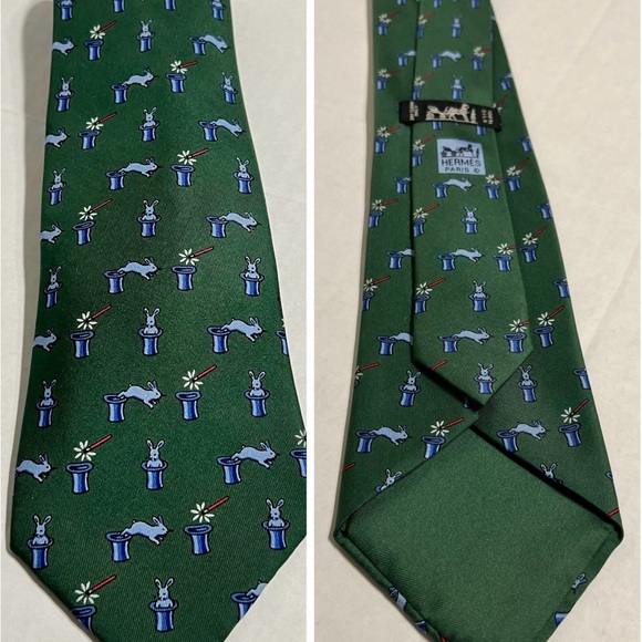 Hermes Green Silk Tie Magician Rabbit in a Hat Subtle...